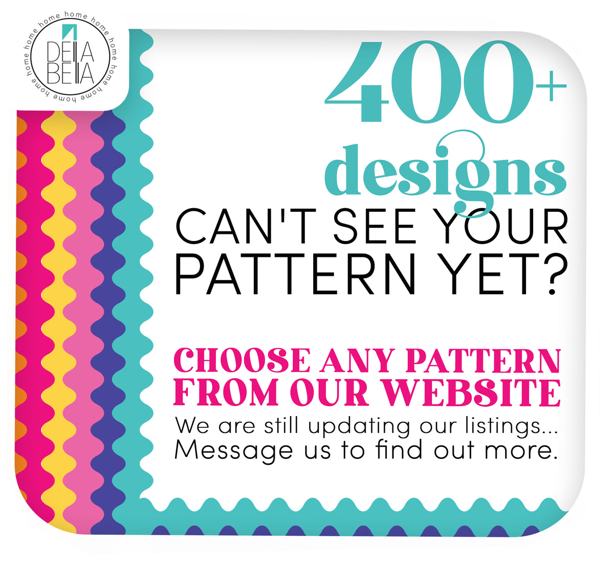 Promotional graphic for a website with colorful patterns and text inviting users to choose a bordr strip pattern from their website.