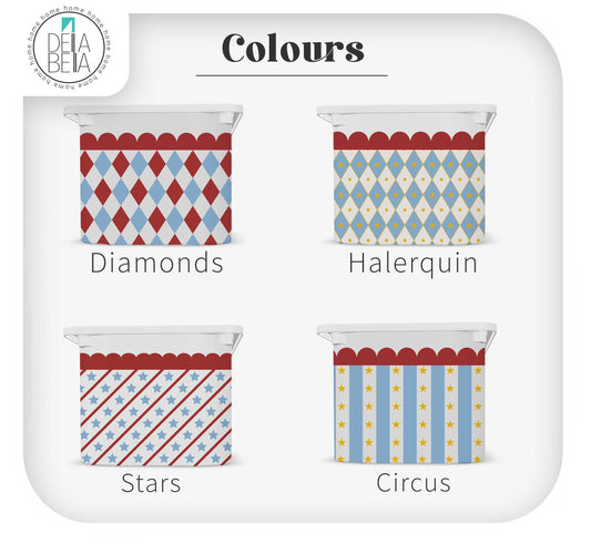 Four containers with different patterned lids labeled 'Diamonds', 'Halerquin', 'Stars', and 'Circus' on a white background.