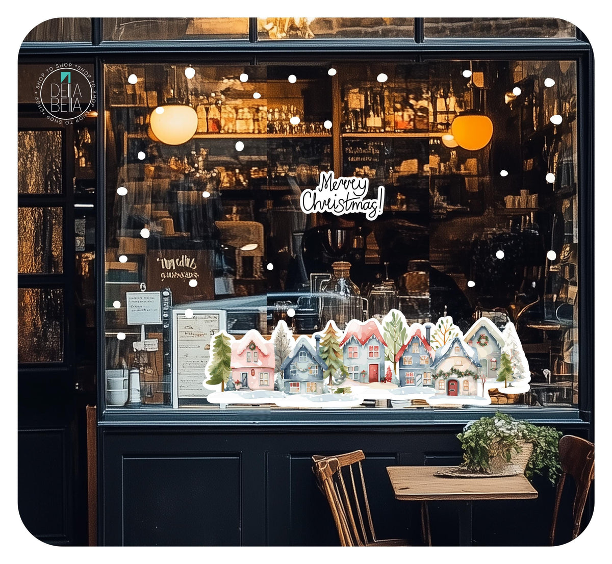 Christmas Village Window Shop Stickers Decal Christmas Watercolour Xmas Coffee shop Kids Store Cling Seasonal Reusable Window Stickers