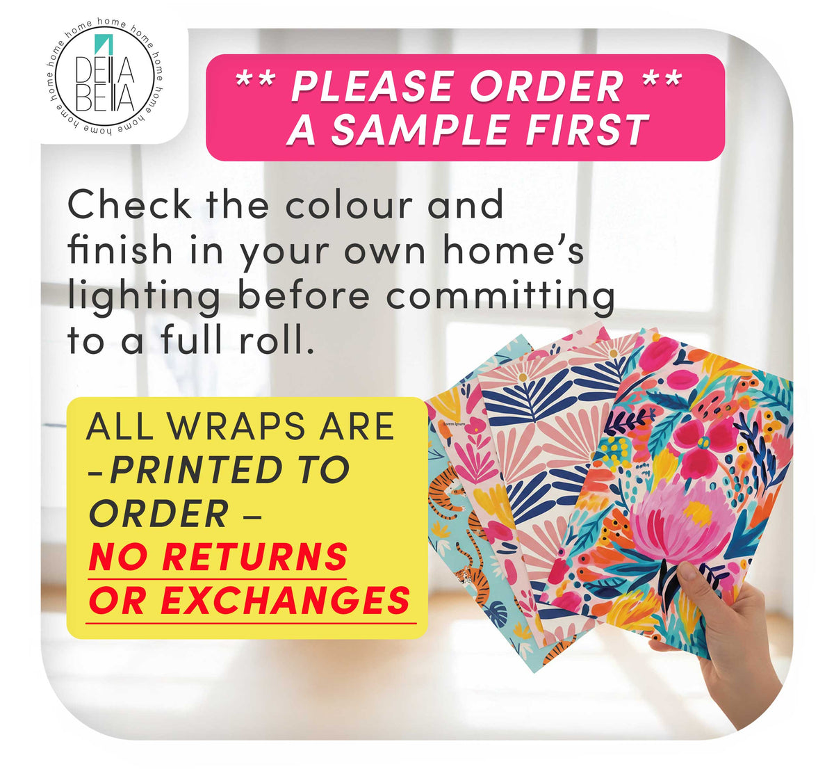 Colorful vinyl wrap with text advising to order a sample first and check color in home lighting.