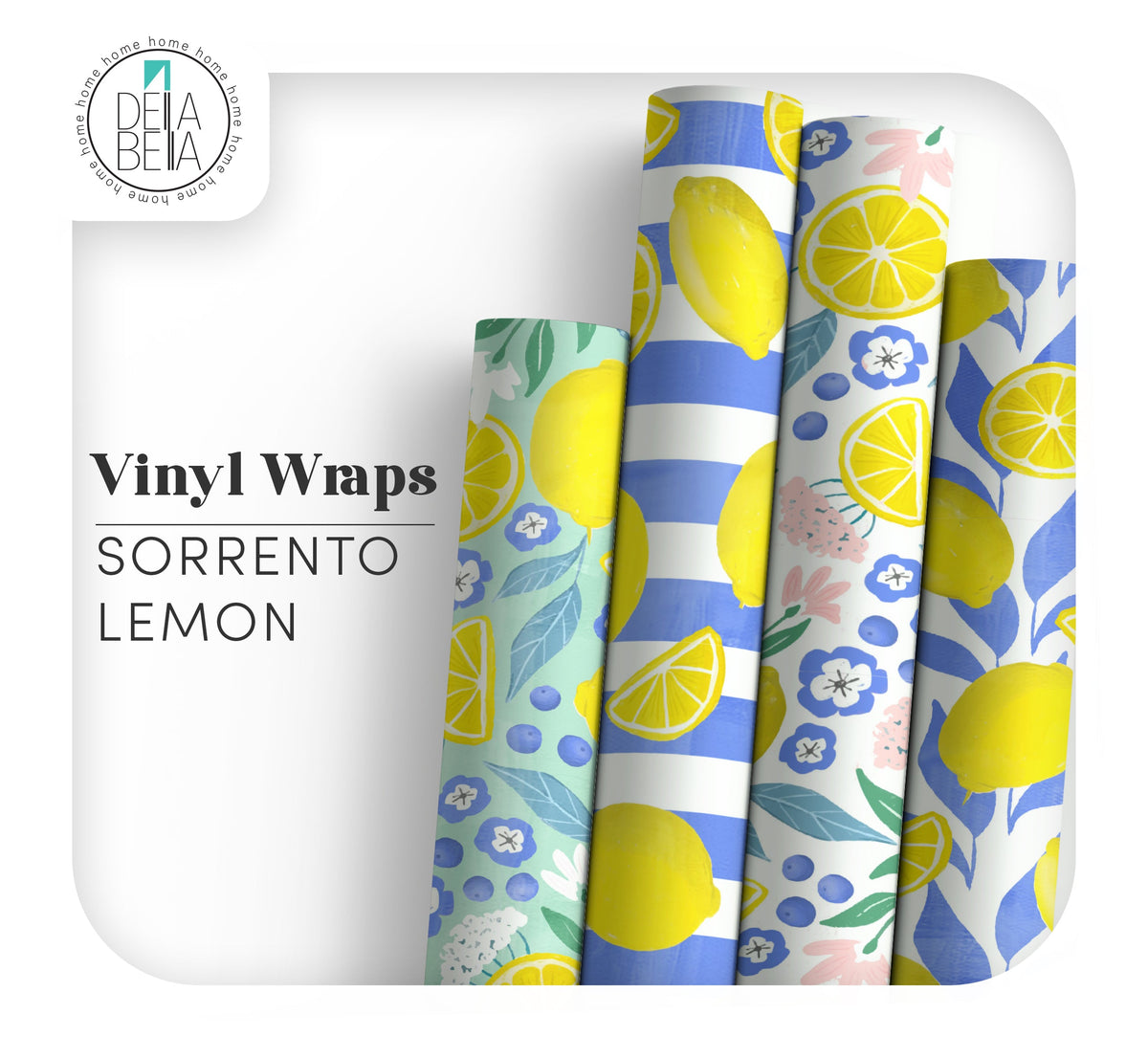 Della Bella UK four vertical rolls of matte peel-and-stick vinyl furniture wrap. The rolls showcase a variety of hand-painted floral patterns in pastel green, vibrant blue, and mustard yellow, designed for home upcycling and maximalist DIY decor.
