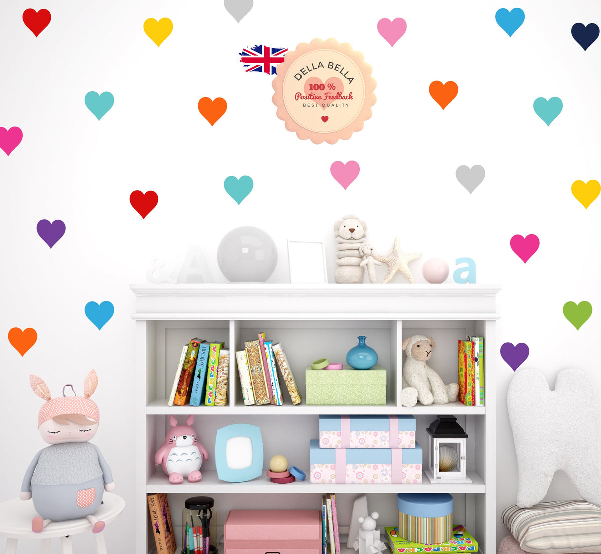 Hearts Wall Stickers Rainbow Decor 88x Decals 11 Colours