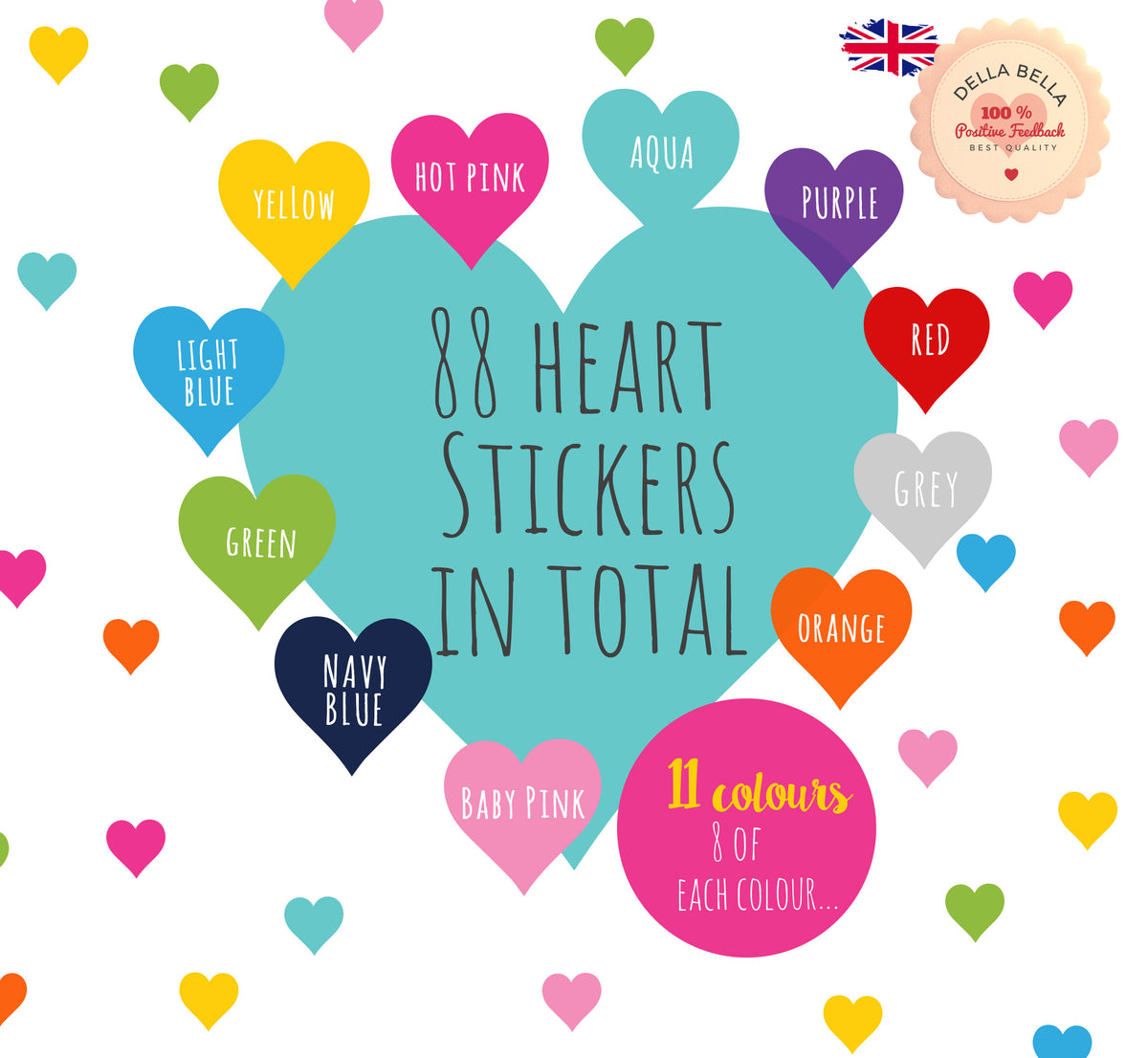 Hearts Wall Stickers Rainbow Decor 88x Decals 11 Colours