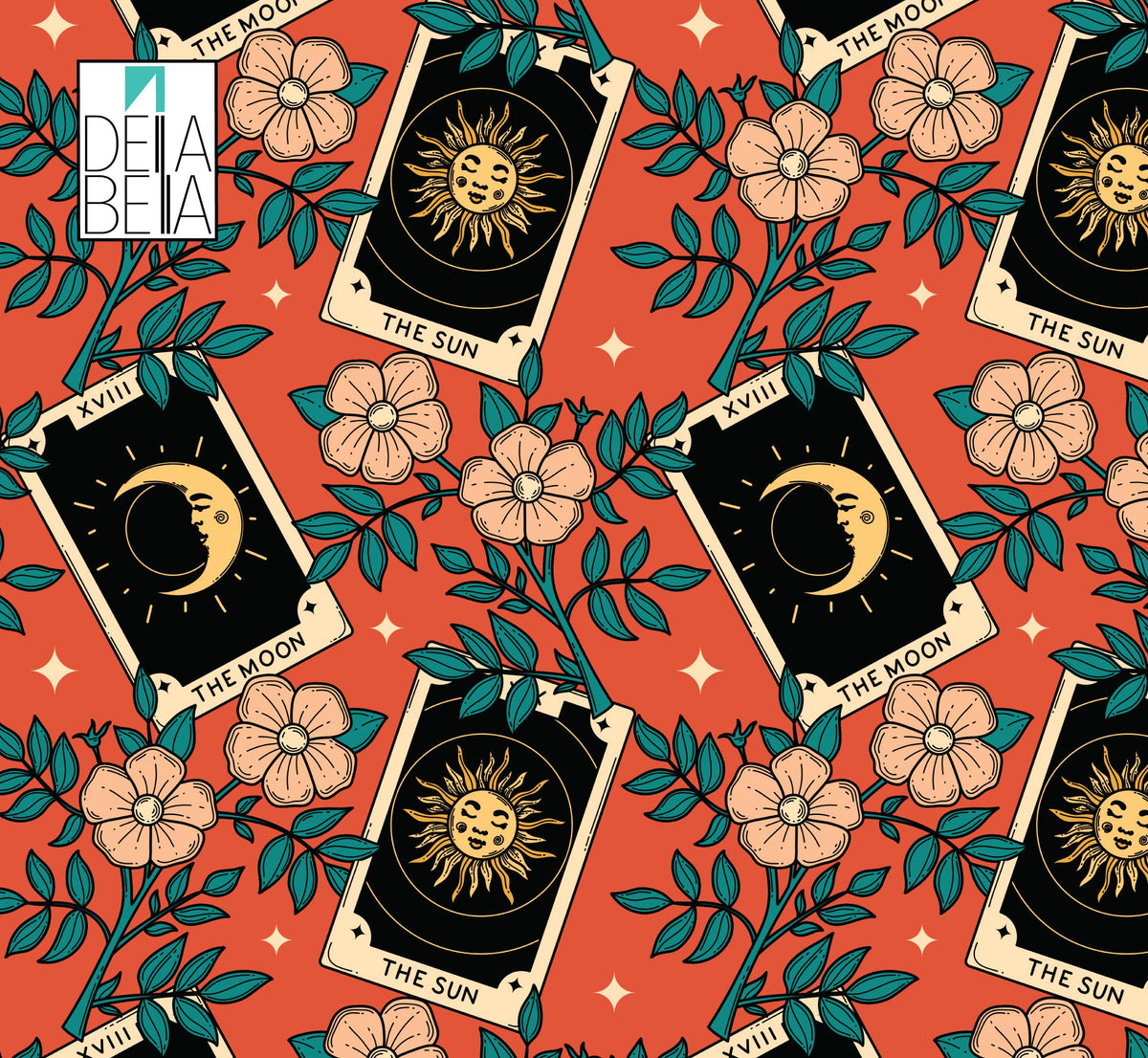 A vinyl wrap featuring tarot card designs with various symbols and text, such as 'THE SUN', 'THE MOON', and 'XIII', on a red background with floral patterns.