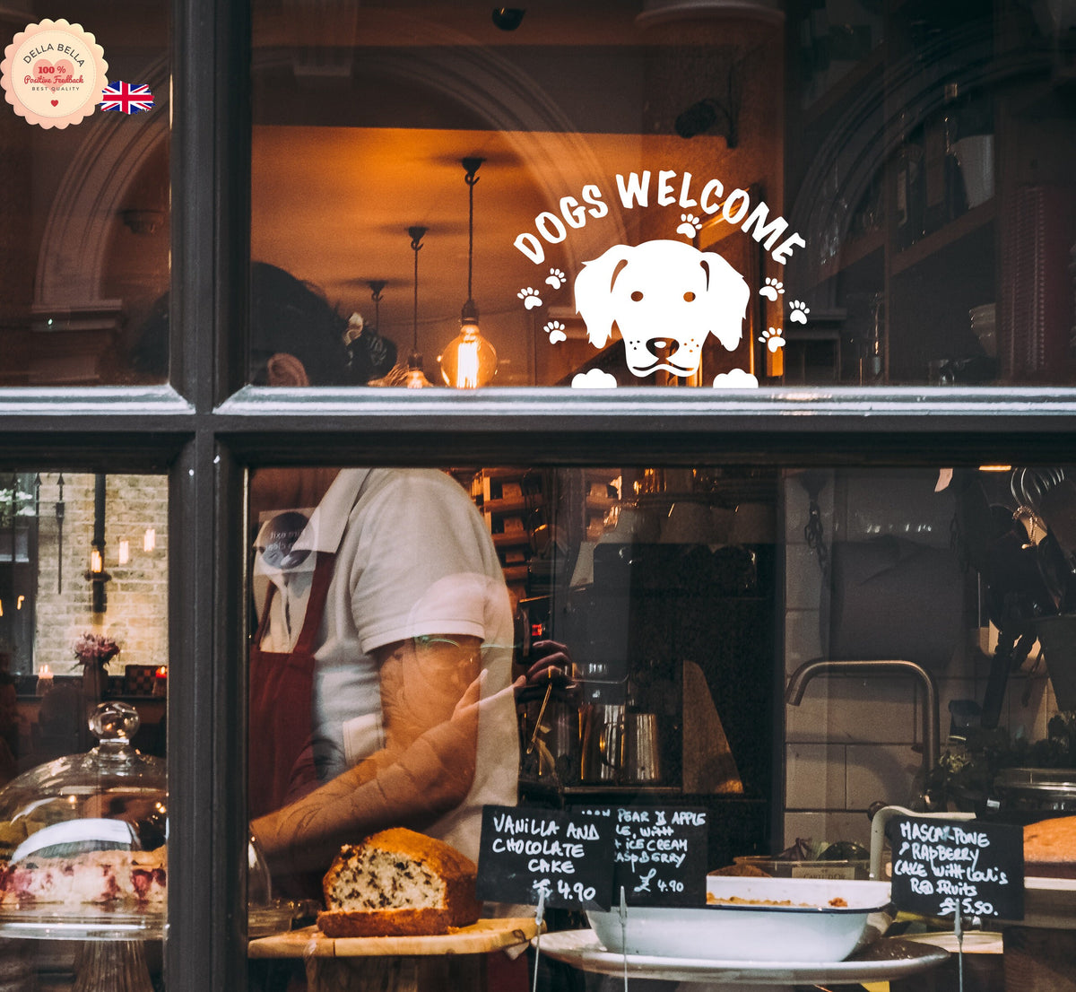 dogs welcome stickers shop window 