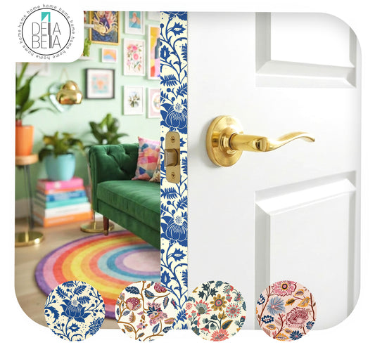 A decorative floral door edge sticker installed on a white door, with a brass lever handle. A vertical strip of the same floral pattern runs down the center of the door, separating the installed view from a styled room scene behind it.