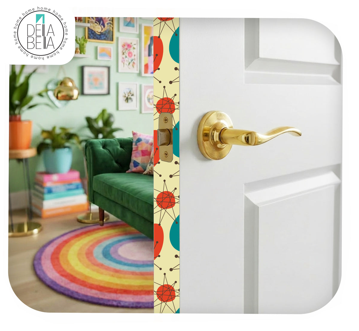 A decorative door panel or door trim sample shown installed or pictured in a doorway, with a white door on the right and a colorful interior room visible on the left. The center vertical strip shows a repeating retro pattern in cream, red, teal, and orange.