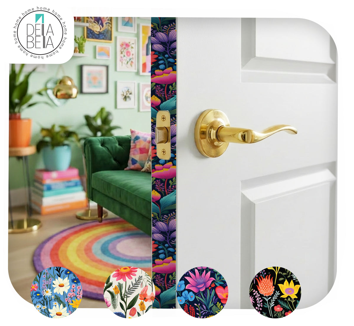 A white interior door left slightly open, revealing a vibrant dark floral vinyl sticker applied to the inner door edge. The background shows a colourful maximalist living room with a green velvet sofa, rainbow circular rug, and a gallery wall.