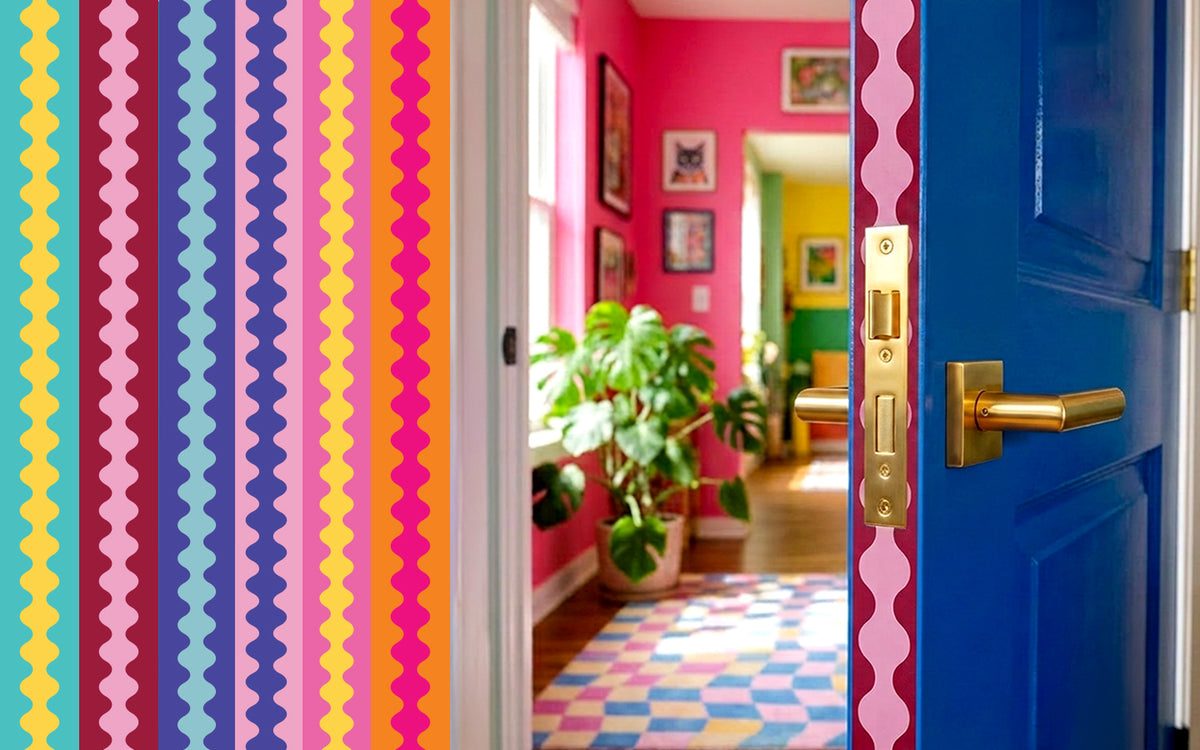 Bright blue door featuring a pink wavy peel and stick door edge decor strip looking into a maximalist dopamine decor hallway by Della Bella UK