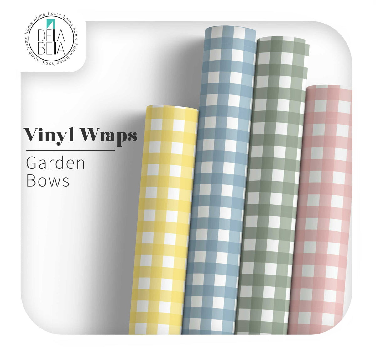 Four rolls of checkered vinyl wraps in yellow, blue, green, and pink on a white background with 'Dela Bella' branding.
