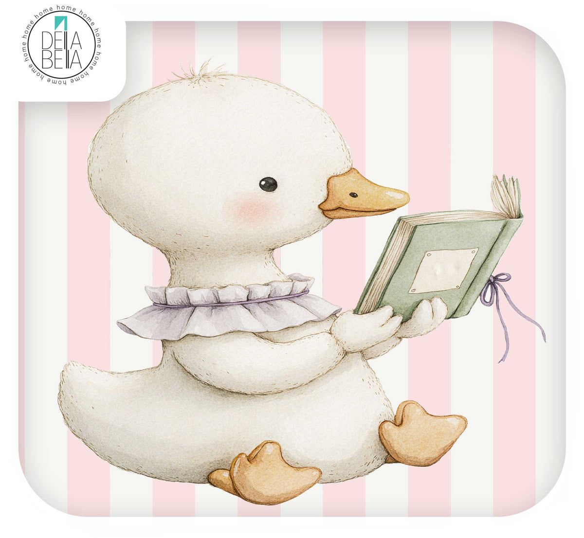 Ikea hack stickers  featuring an illustration of a white duck sitting and holding a green book against a pink and white striped background. A circular Della Bella logo appears in the top-left corner.