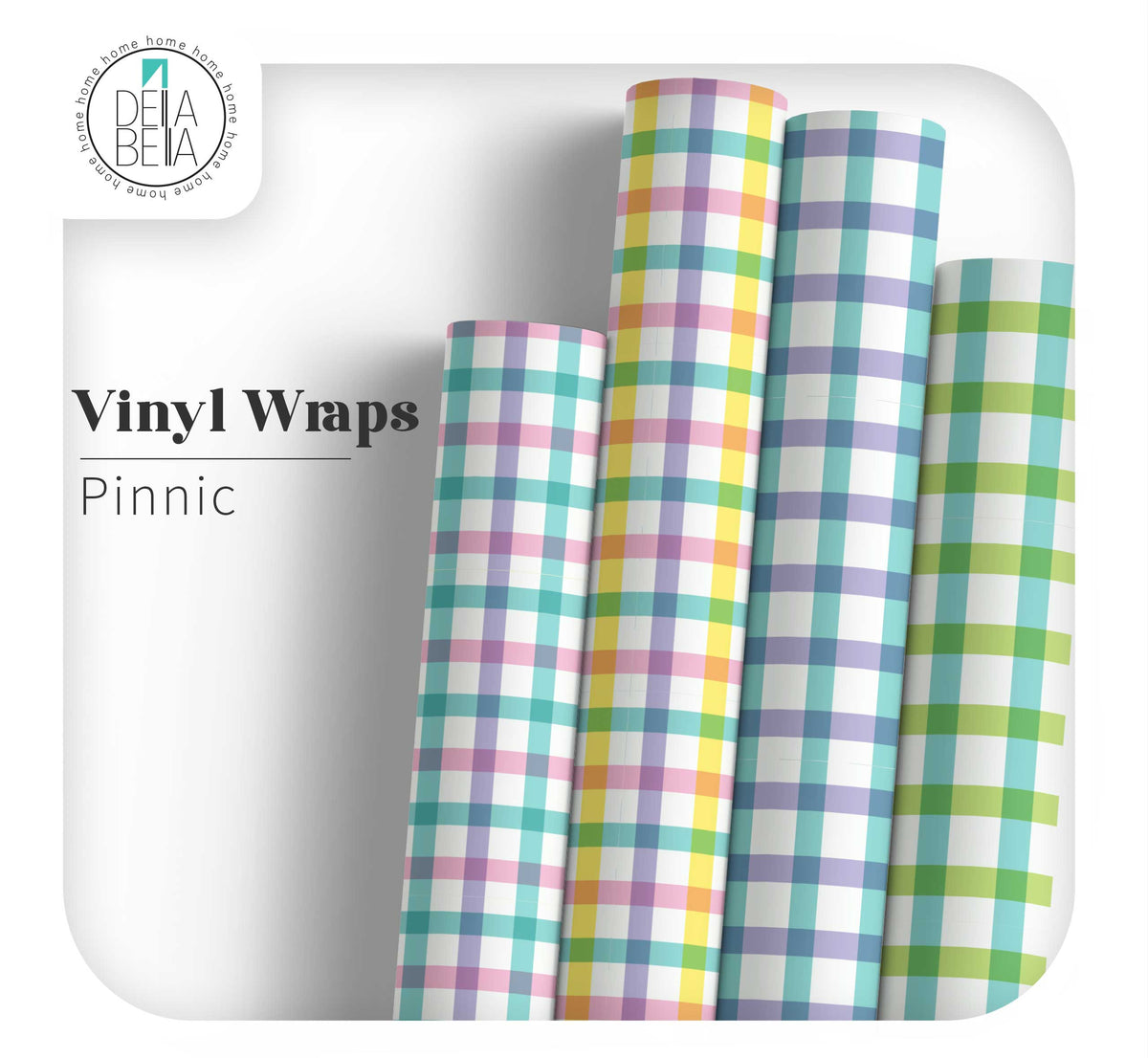 Gingham furniture vinyl wrap collection in various pastel colours for kitchen cupboard upcycling projects.