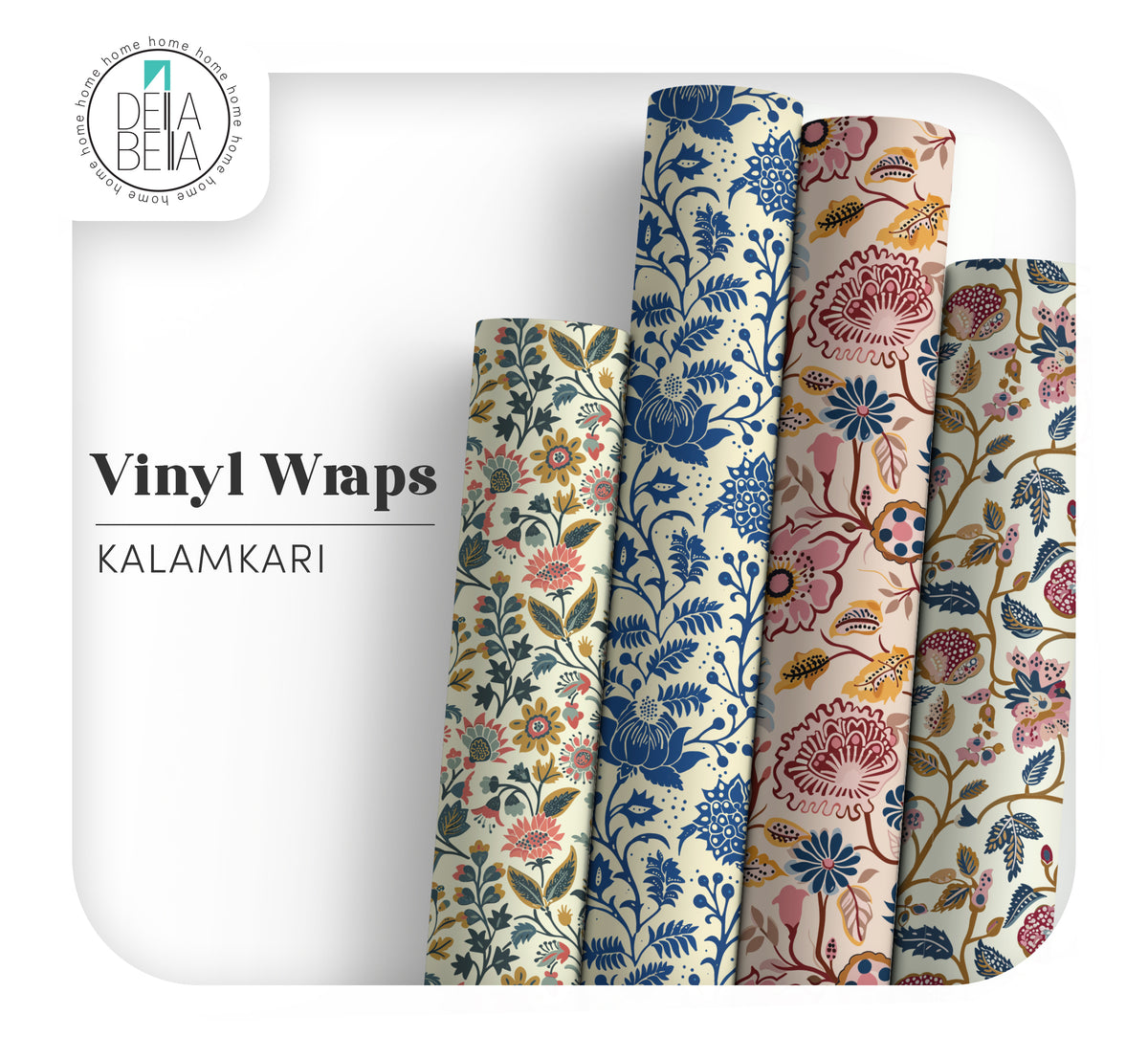 Della Bella UK Kalamkari Collection vinyl furniture wraps featuring four rolls of heritage floral patterns in Indigo, Bloom, Garland, and Petals.