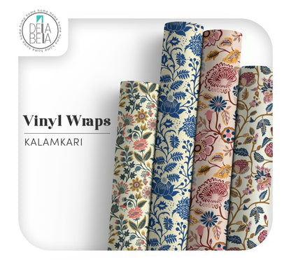 Della Bella UK Kalamkari Collection vinyl furniture wraps featuring four rolls of heritage floral patterns in Indigo, Bloom, Garland, and Petals.