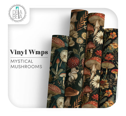 Vinyl wraps with mystical mushrooms design on a white background, featuring the brand 'Dela Bella'.