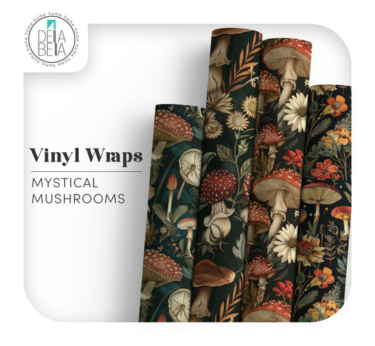Vinyl wraps with mystical mushrooms design on a white background, featuring the brand 'Dela Bella'.