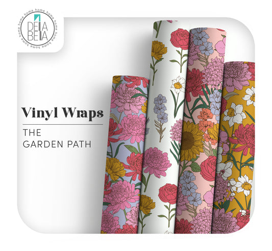 Set of floral vinyl wraps with 'Delia Bella' branding on a white background
