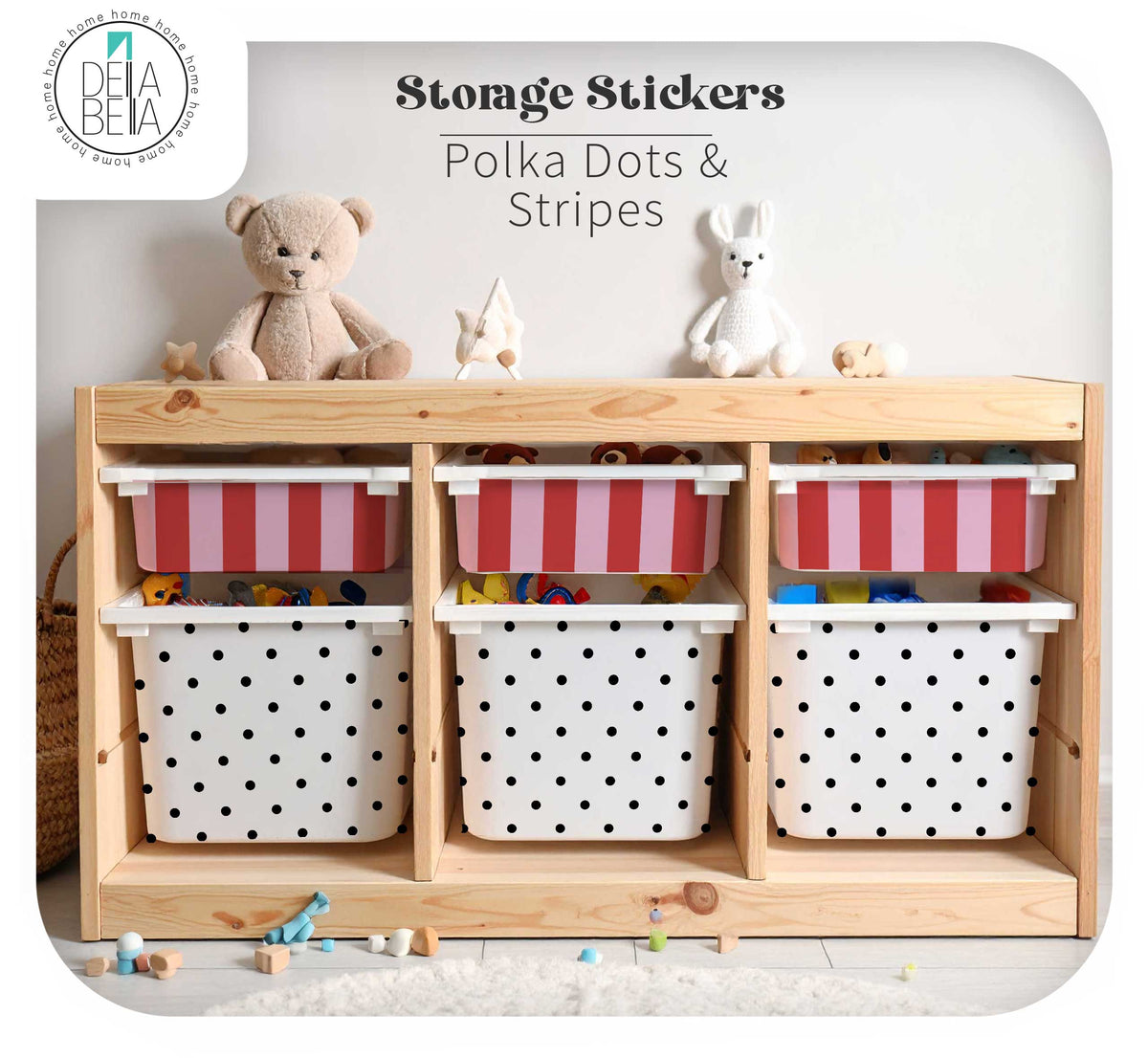 A  Ikea trofast children's storage unit with three open shelves and three stickers bins. The bins feature two designs: one with red and white stripes and one with black polka dots on a white background.