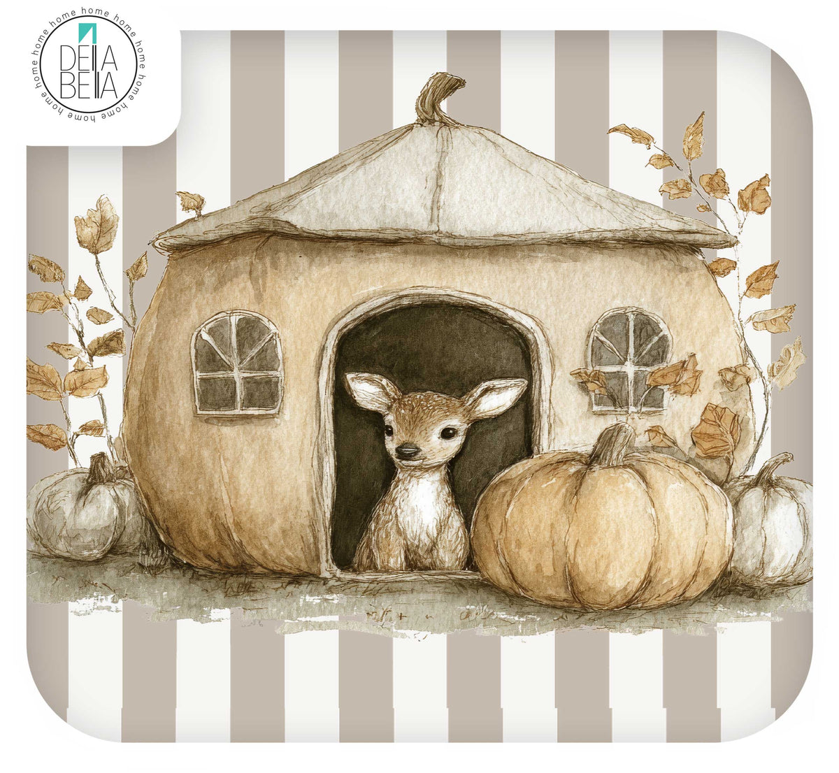 Ikea Hacks Stickers  featuring a watercolor-style illustration of a small deer sitting in the doorway of a pumpkin-shaped house, with pumpkins and autumn leaves around it. The scene is set against a beige and white striped background, and a circular Della Bella  logo appears in the top-left corner.