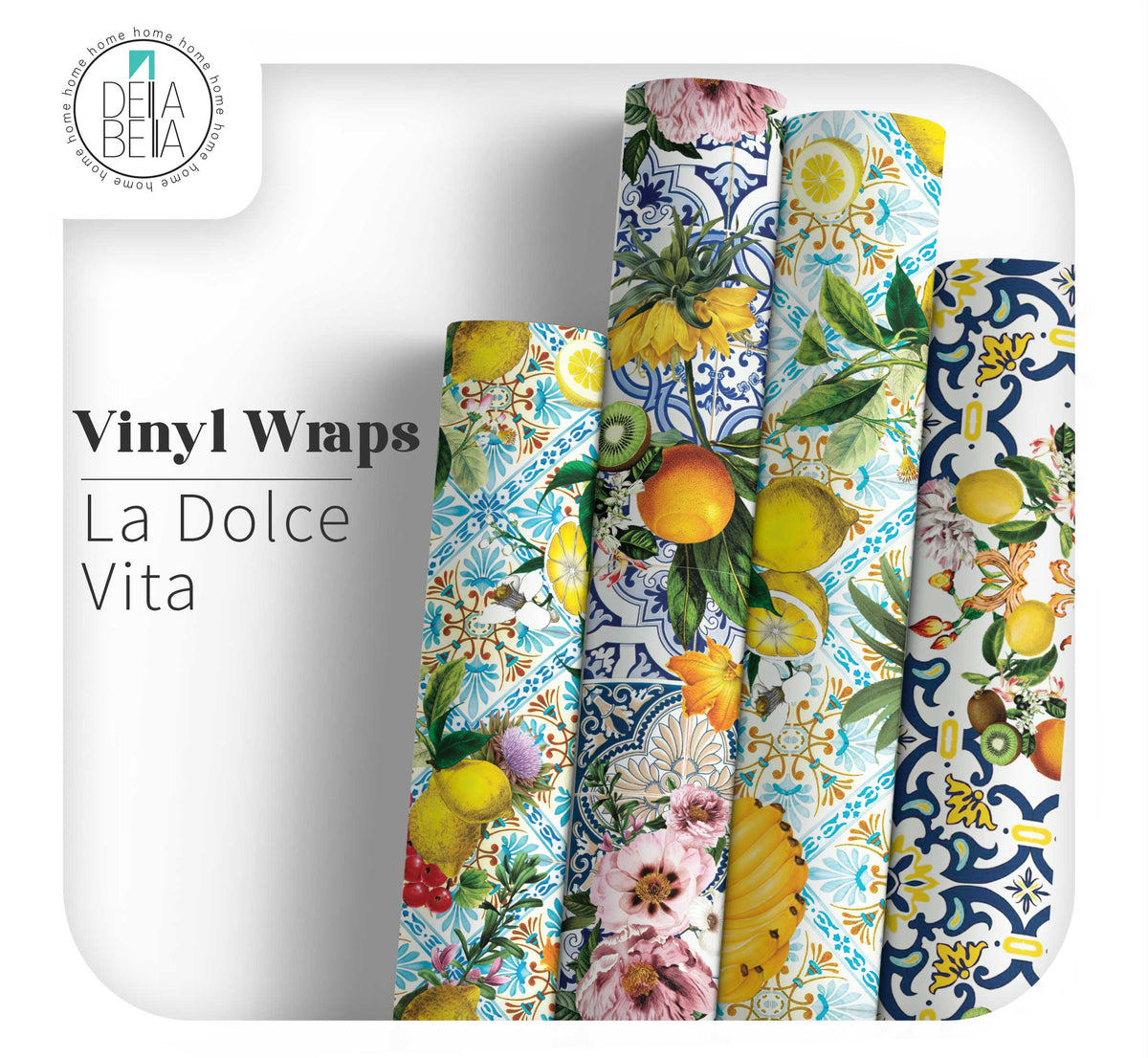 Set of vinyl wraps with fruit and floral patterns on a white background, branded 'Dela Bella'.