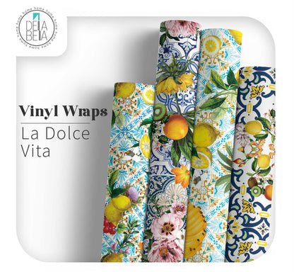 Set of vinyl wraps with fruit and floral patterns on a white background, branded 'Dela Bella'.