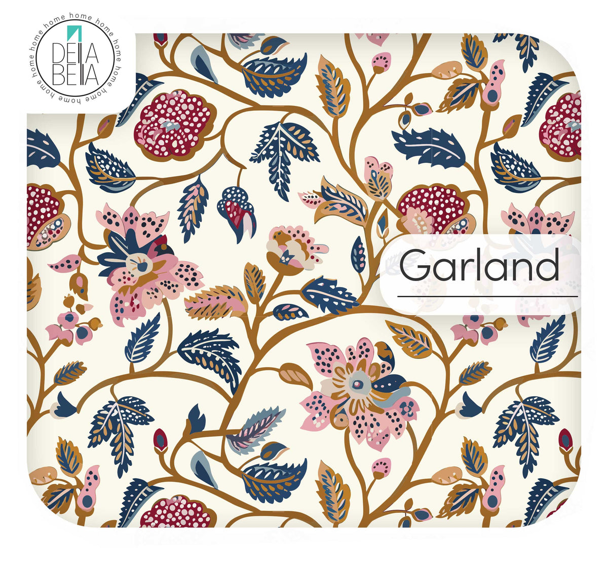 Traditional Garland floral vinyl film featuring red and blue pomegranate vines on a cream matte background.