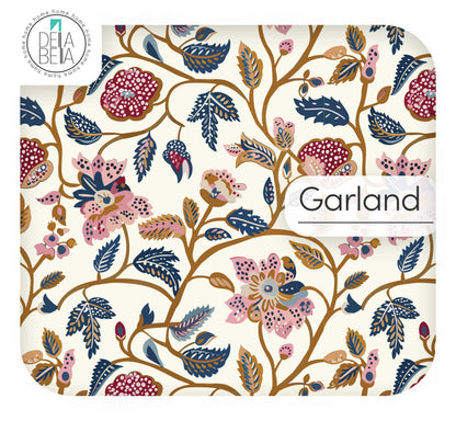 Traditional Garland floral vinyl film featuring red and blue pomegranate vines on a cream matte background.