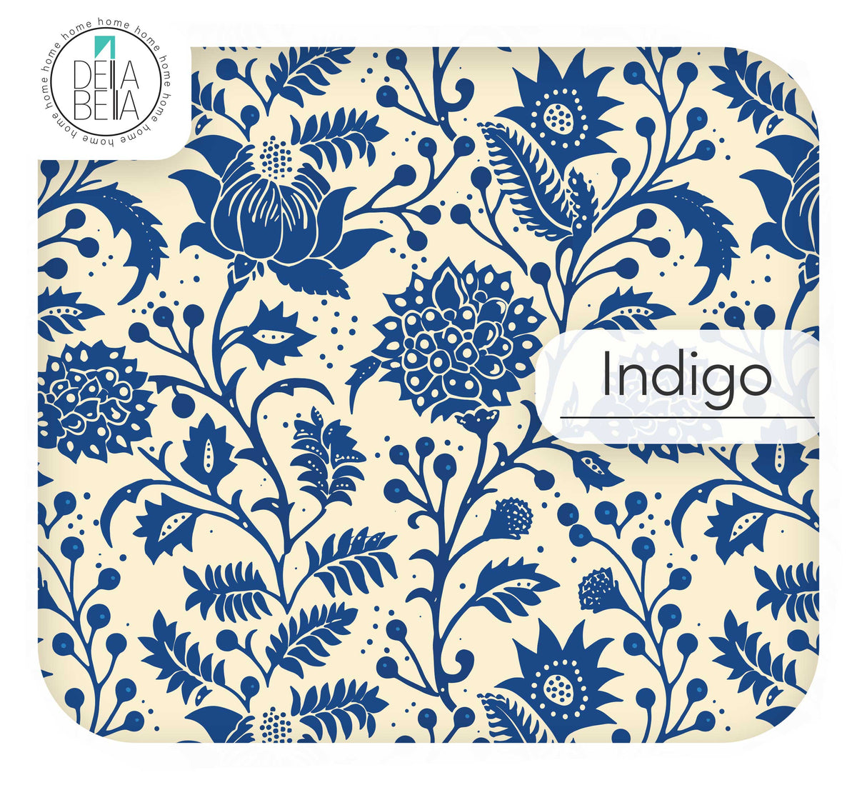 Indigo blue and cream heritage floral vinyl wrap in Kalamkari block-print style for furniture upcycling.