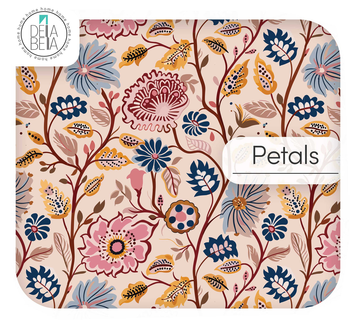 Soft pink and gold Kalamkari Petals vinyl wrap, artisanal floral pattern for vintage furniture restoration.