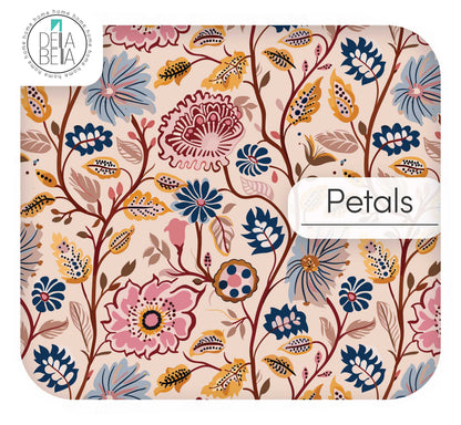 Soft pink and gold Kalamkari Petals vinyl wrap, artisanal floral pattern for vintage furniture restoration.