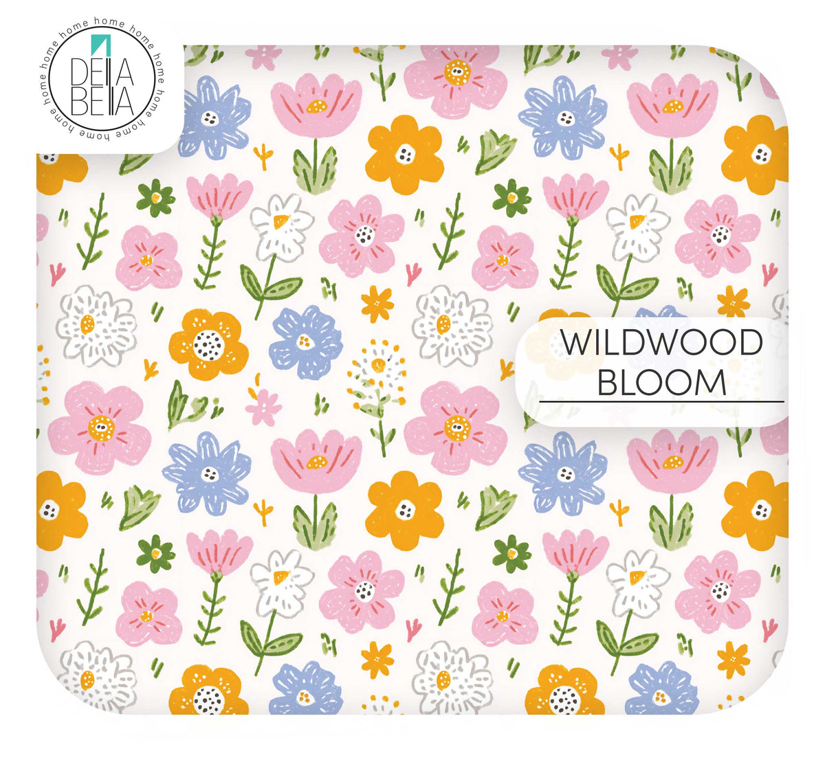 A cheerful meadow-style furniture vinyl wrap on a crisp white background. Features medium-density hand-drawn blossoms in vibrant orange, periwinkle blue, and bright pink with whimsical green leaf sprigs and stems
