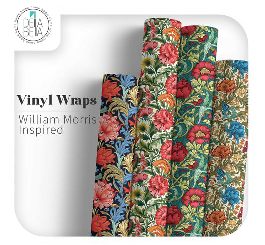 Three floral vinyl wraps inspired by William Morris on a white background with Dela Bella branding.