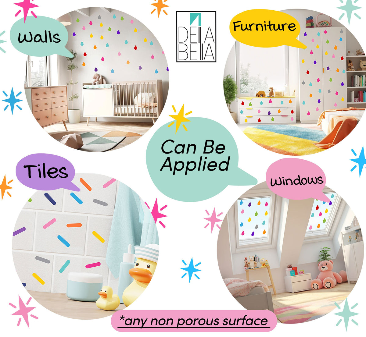 Confetti Wall Stickers 220x Sprinkles  (11 colours/ 20 of each colour)