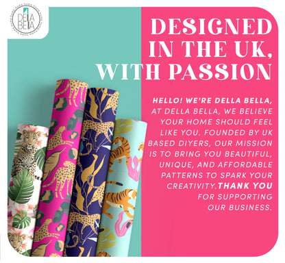 Della Bella peel and stick vinyl  with colorful patterns on a teal and pink background