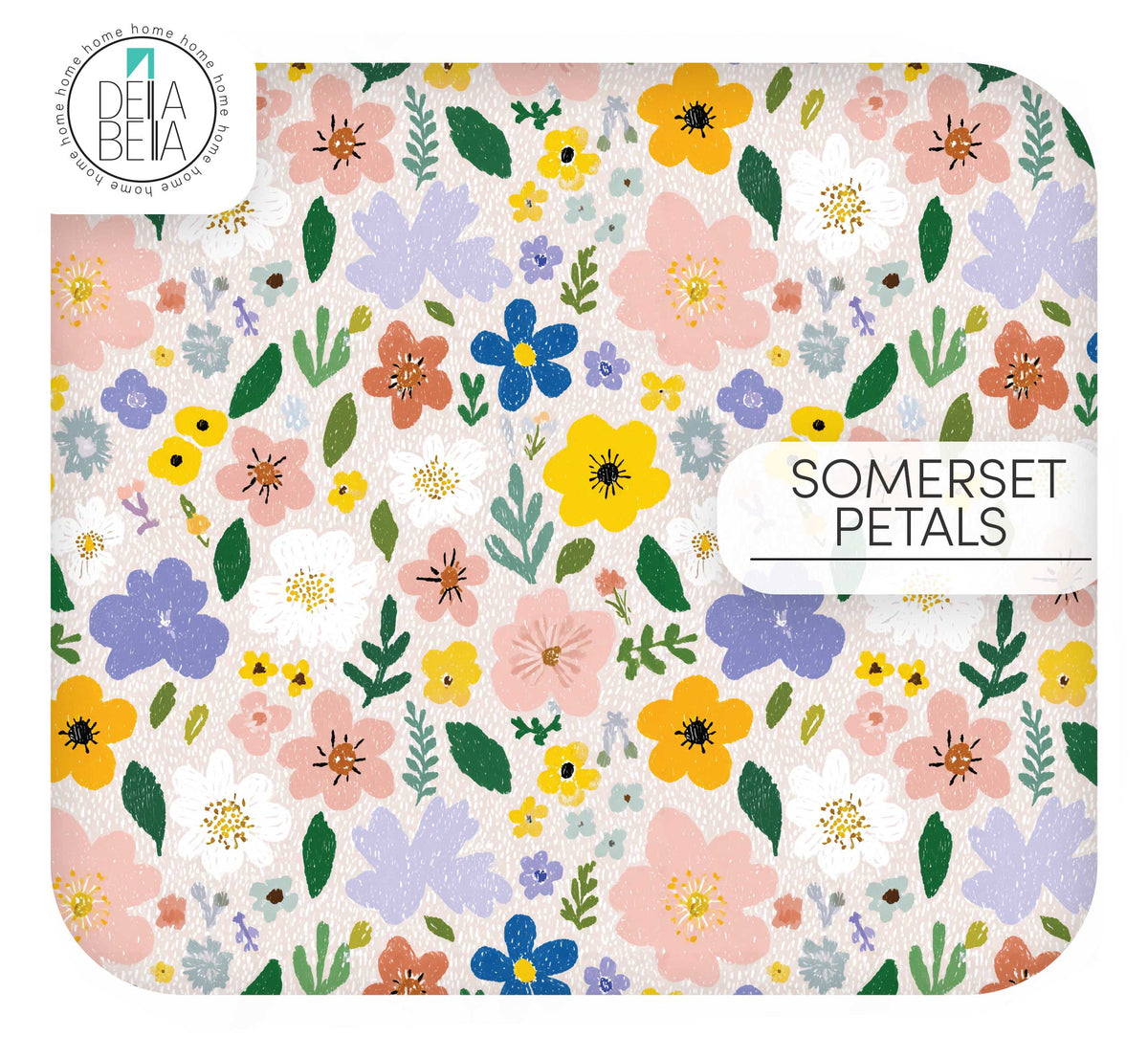 A maximalist, painterly floral vinyl wrap for furniture and kitchens. Features large, expressive blooms in lavender purple, rosy pink, and sunshine yellow with rich green foliage on a textured off-white background.