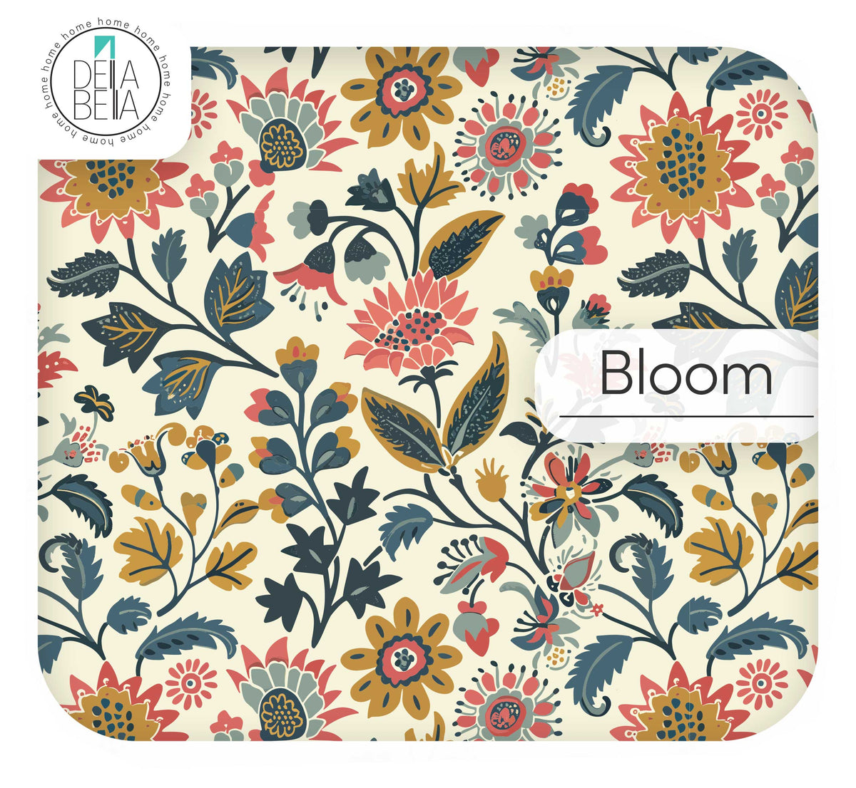 Maximalist Kalamkari Bloom vinyl wrap with earthy ochre and teal floral vines for kitchen and furniture makeover.