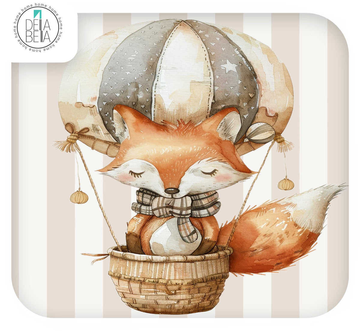 A whimsical watercolor-style illustration of a sleeping orange fox wearing a plaid scarf and sitting in a basket beneath a vintage hot air balloon, shown on a beige and white striped background. A della Bella  logo appears in the top-left corner.