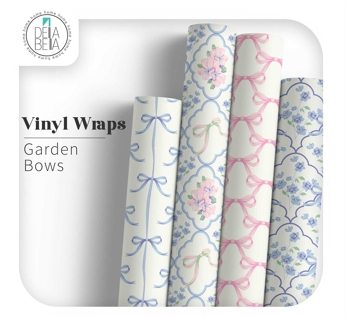 A collection of vintage style vinyl wraps with floral and bow patterns, labeled 'Garden Bows'.