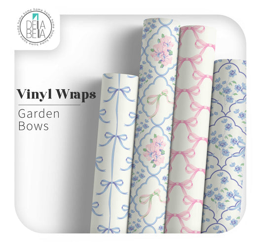 A collection of vintage style vinyl wraps with floral and bow patterns, labeled 'Garden Bows'.