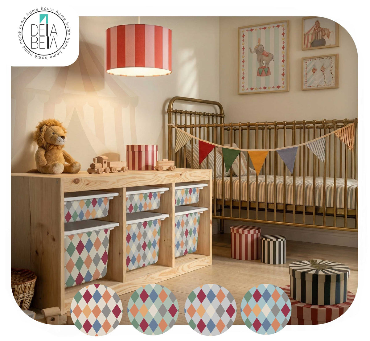Nursery room with trofast storage  stickers boxes, crib, and colorful decor elements.