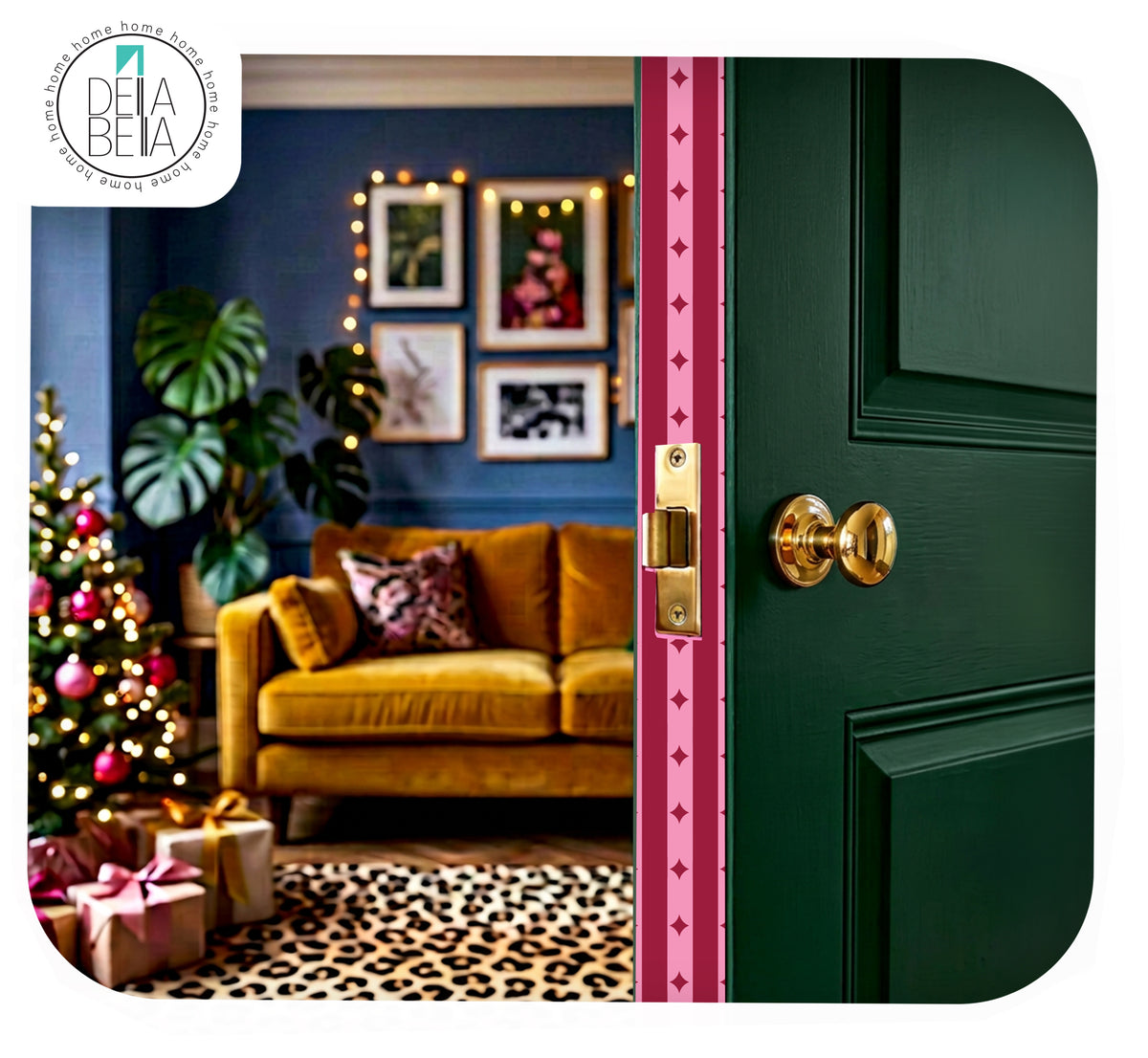 Dark green interior door with a hidden Burgundy and Baby Pink retro star door edge sticker, opening into a moody living room decorated for Christmas.
