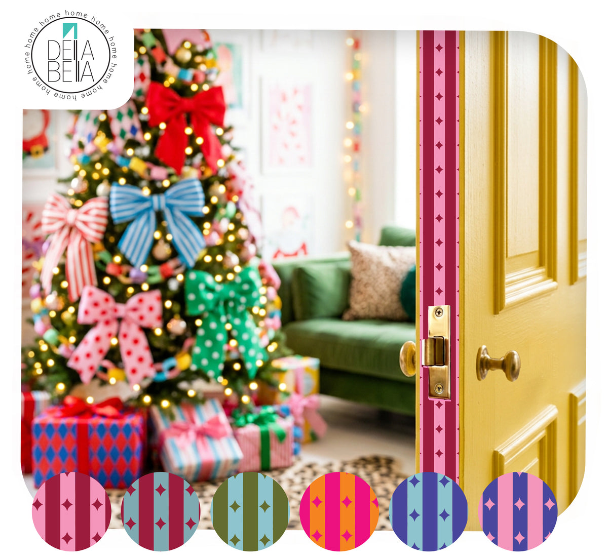 Maximalist Christmas living room with colorful oversized bows on the tree and a yellow door featuring a Burgundy and Baby Pink star patterned door edge vinyl sticker.