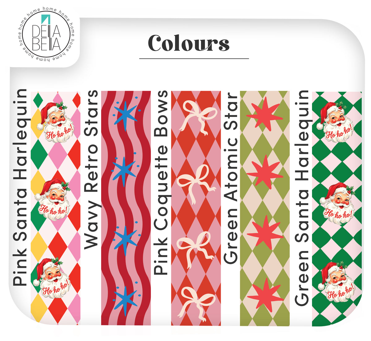 Five vintage Kitschmas peel and stick door edge sticker patterns: Pink Santa Harlequin, Wavy Retro Stars, Pink Coquette Bows, Green Atomic Star, and Green Santa Harlequin.
