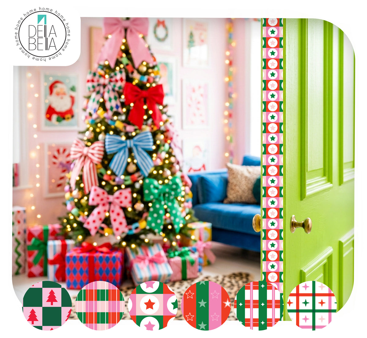 Bright neon green interior door with a hidden retro pink and red star checkerboard door edge sticker, opening into a maximalist living room decorated for Christmas.