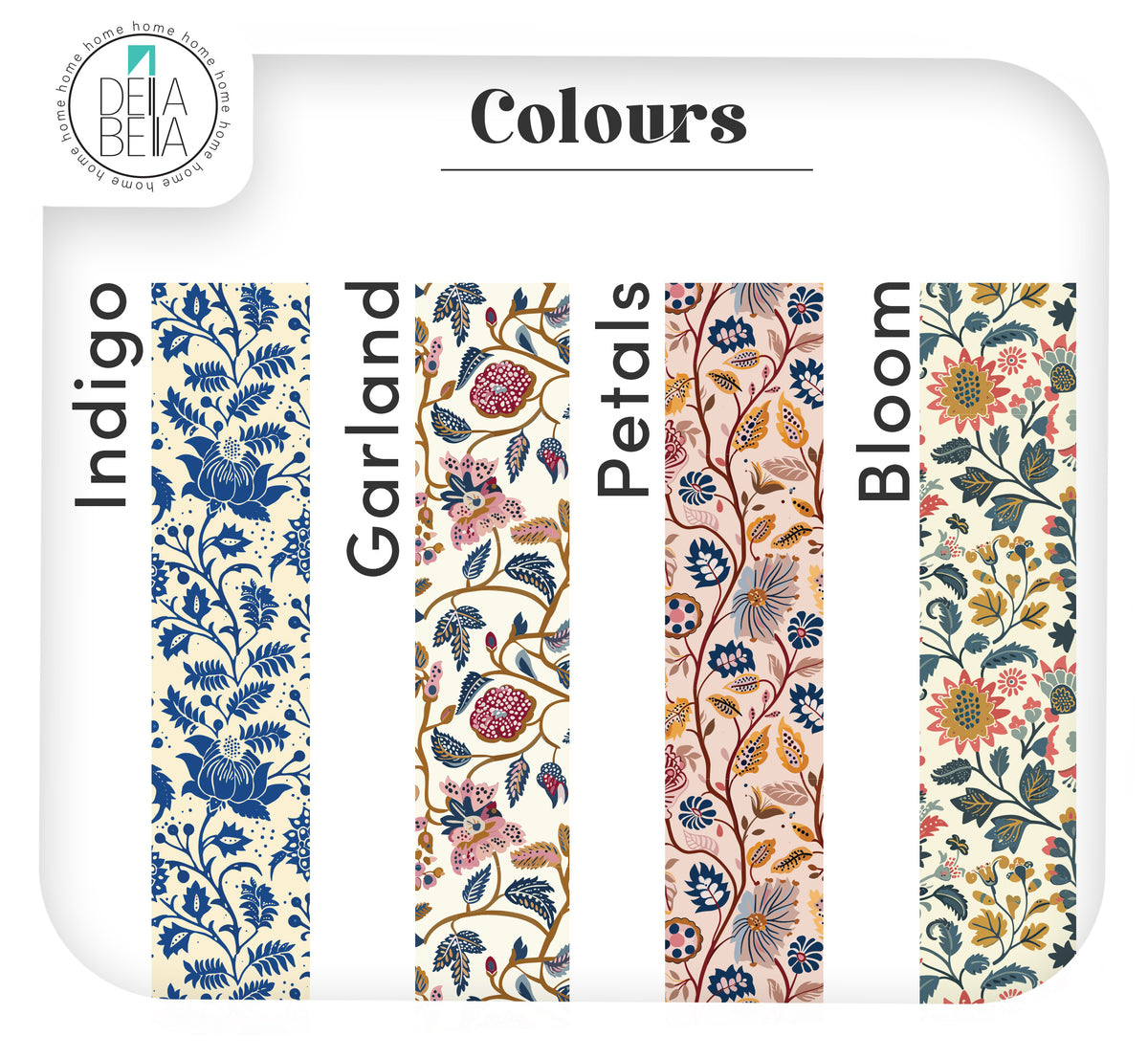A color options door trims stickers  chart titled 'Colours' showing four vertical floral pattern swatches labeled Indigo, Garland, Petals, and Bloom. The designs feature botanical motifs in blue, pink, green, and beige tones on a white background with a small BEA BEA logo in the top left.