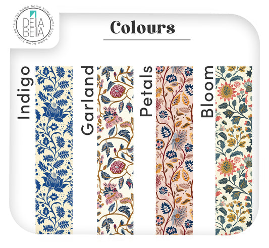 A color options door trims stickers  chart titled 'Colours' showing four vertical floral pattern swatches labeled Indigo, Garland, Petals, and Bloom. The designs feature botanical motifs in blue, pink, green, and beige tones on a white background with a small BEA BEA logo in the top left.
