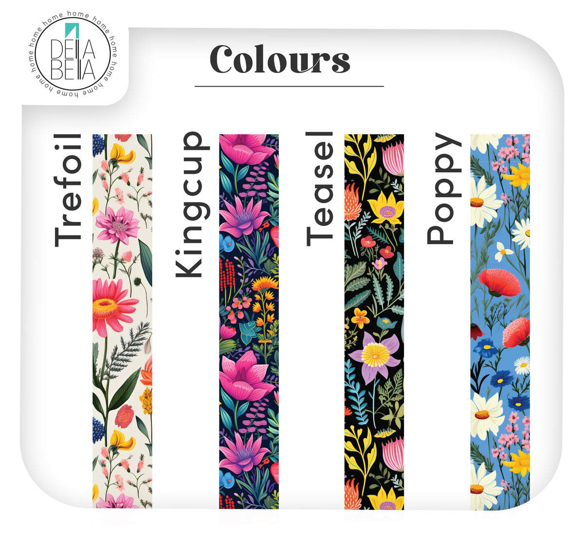 Colour options for Della Bella Wild Flowers peel and stick borders. Showing four vertical floral patterns: Trefoil on cream, Kingcup on dark blue, Teasel on black, and Poppy on light blue.