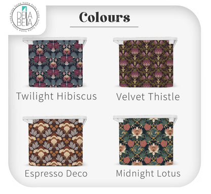 Four white IKEA Trofast storage bins transformed with Della Bella Winter Opulence vinyl stickers. The elegant adult-focused designs are Twilight Hibiscus, Velvet Thistle, Espresso Deco, and Midnight Lotus.