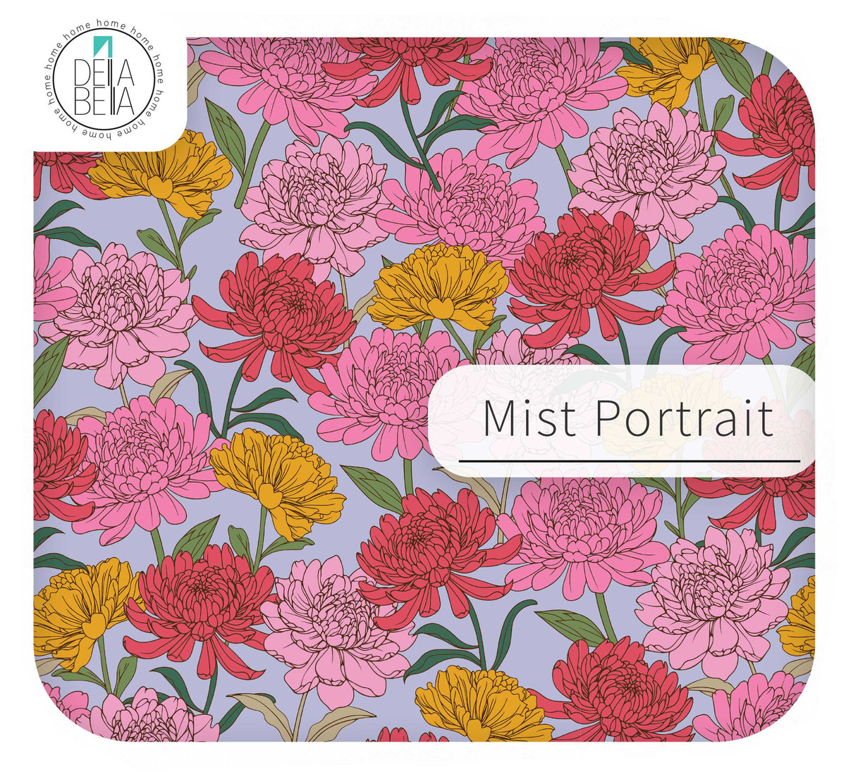 Floral patterned furniture sticker with 'Mist Portrait' label and Delta Bella logo.
