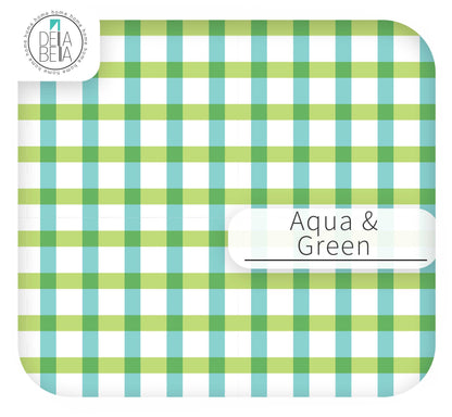 aqua and Green gingham sticky backed vinyl wrap for pantry doors and kitchen furniture.